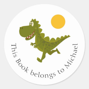 Cartoon Funny Dinosaur Dino Jurassic Sun Bookplate Classic Round Sticker