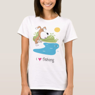 Cartoon Funny Dog Angler Fishing Lake Sun Women T-Shirt