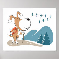 Cartoon Funny Dog Puppy Hiking Woodland Mountains