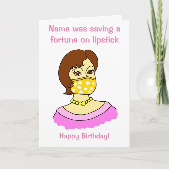 Cartoon Funny Face Mask Lipstick Brunette Birthday Card (Front)