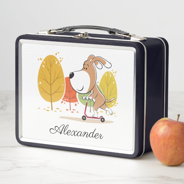 Cartoon Funny Puppy Kick Scooter Metal Lunchbox (In Situ)