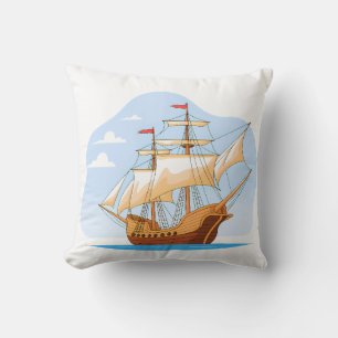 Cartoon Galleon Sailing on Blue Water Cushion