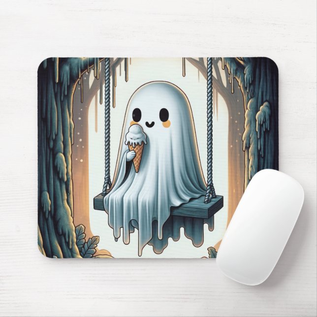 Cartoon Ghost Eating an Ice Cream Cone Mouse Pad (With Mouse)