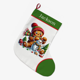Cartoon gingerbread snowman add bane large christmas stocking
