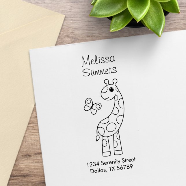 Cartoon Giraffe and Butterfly Colour Me Address Rubber Stamp (Creator Uploaded)