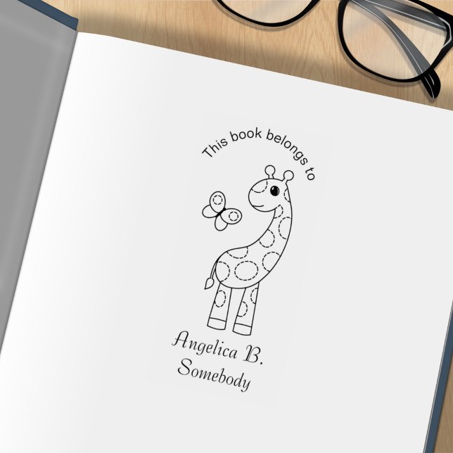 Cartoon Giraffe and Butterfly Colour Me Bookplate Rubber Stamp (Creator Uploaded)