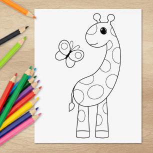 Cartoon Giraffe and Butterfly Colouring Page Rubber Stamp