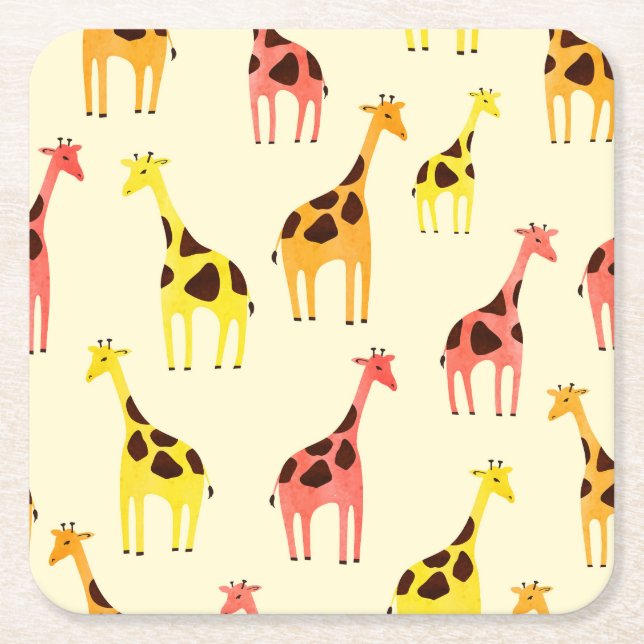 Cartoon Giraffe: Colourful Vintage Pattern. Square Paper Coaster (Front)