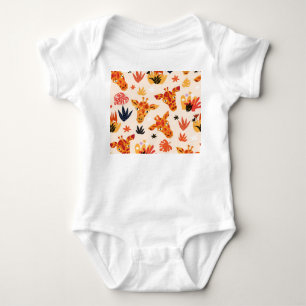 Cartoon Giraffe: Floral Savanna Pattern Baby Bodysuit