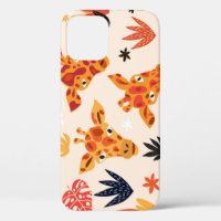 Cartoon Giraffe: Floral Savanna Pattern