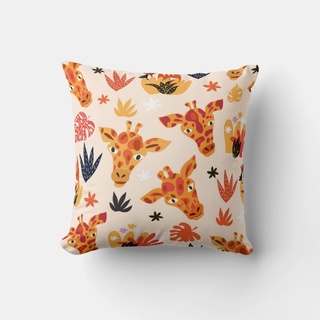 Cartoon Giraffe: Floral Savanna Pattern Cushion (Front)