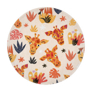 Cartoon Giraffe: Floral Savanna Pattern Cutting Board