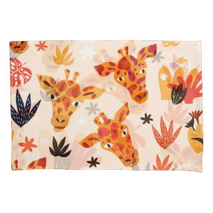 Cartoon Giraffe: Floral Savanna Pattern Pillowcase