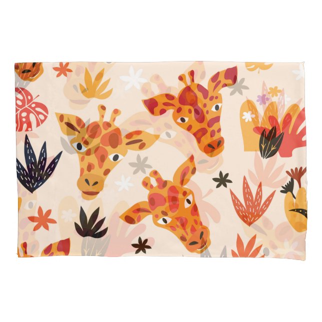 Cartoon Giraffe: Floral Savanna Pattern Pillowcase (Front)