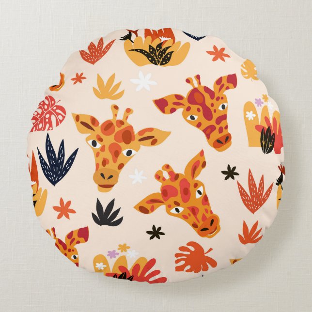 Cartoon Giraffe: Floral Savanna Pattern Round Cushion (Front)