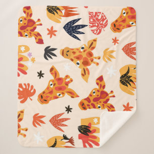 Cartoon Giraffe: Floral Savanna Pattern Sherpa Blanket