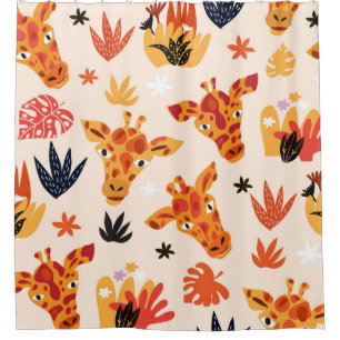 Cartoon Giraffe: Floral Savanna Pattern Shower Curtain