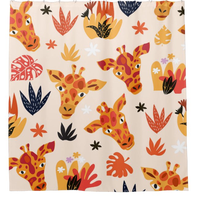 Cartoon Giraffe: Floral Savanna Pattern Shower Curtain (Front)