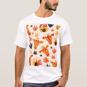 Cartoon Giraffe: Floral Savanna Pattern T-Shirt