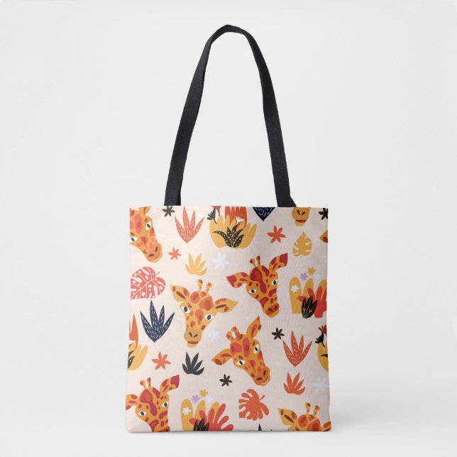 Cartoon Giraffe: Floral Savanna Pattern Tote Bag (Front)
