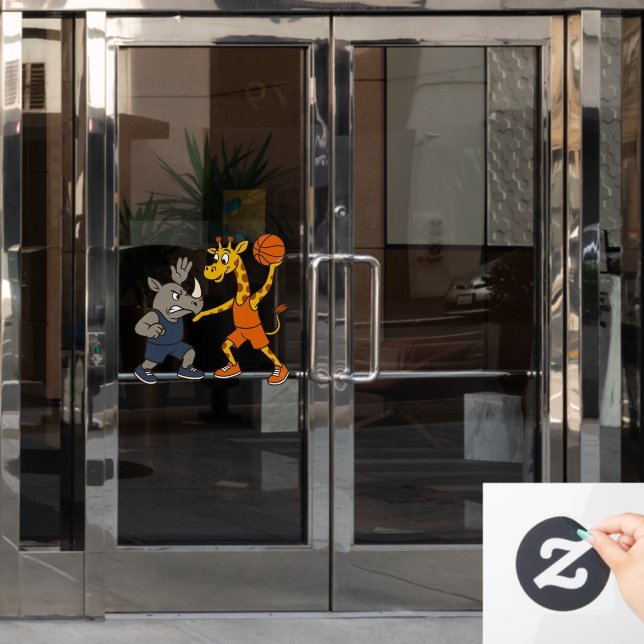 Cartoon giraffe & rhino playing basketball (Office Door)