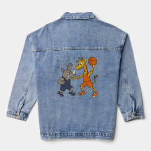 Cartoon giraffe & rhino playing basketball denim jacket