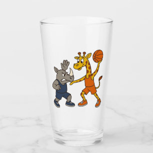 Cartoon giraffe & rhino playing basketball glass