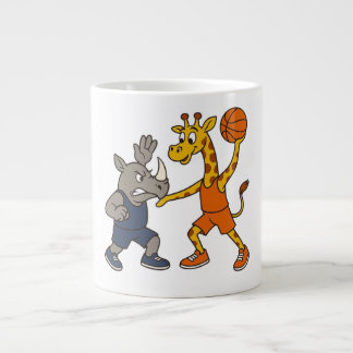 Cartoon giraffe & rhino playing basketball large coffee mug