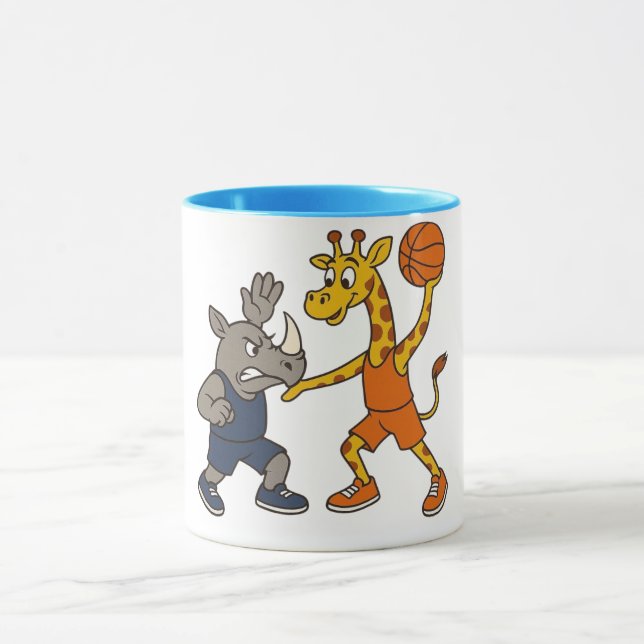 Cartoon giraffe & rhino playing basketball mug (Center)