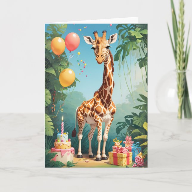 Cartoon Giraffe with Balloons & Cake| Card (Front)