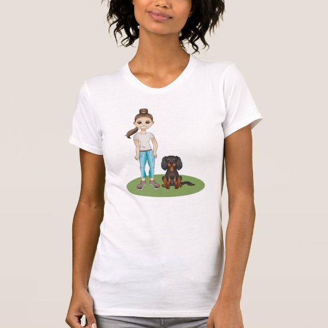 Cartoon Girl & Black And Tan Cavalier Spaniel Dog T-Shirt (Front)