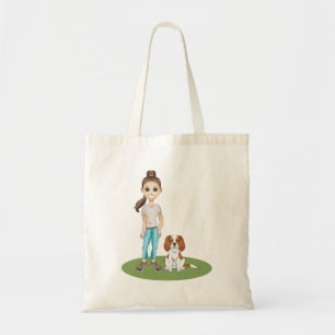 Cartoon Girl & Blenheim Cavalier Dog Illustration Tote Bag