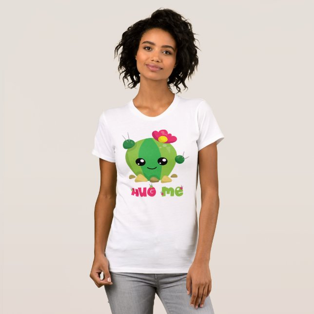 Cartoon girl cactus hug me funny quote green pink T-Shirt (Front Full)