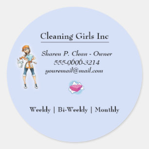 Cartoon Girl Cleaning Service Business Classic Round Sticker