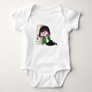 Cartoon Girl Drinking Milk with Phone Illustration Baby Bodysuit
