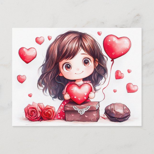Cartoon Girl Holding Heart Romantic Valentine’s Da Postcard (Front)
