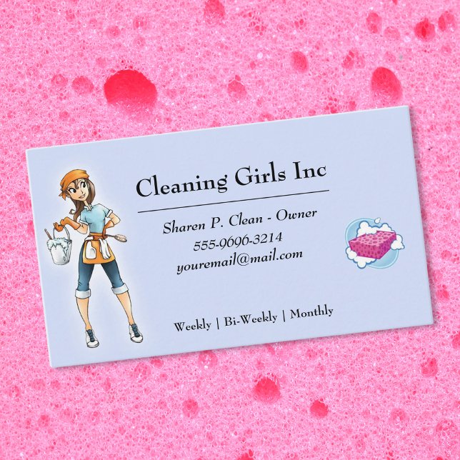 Cartoon Girl House Cleaning Service Business Card (Creator Uploaded)