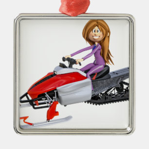 Cartoon Girl on a Snowmobile Metal Tree Decoration