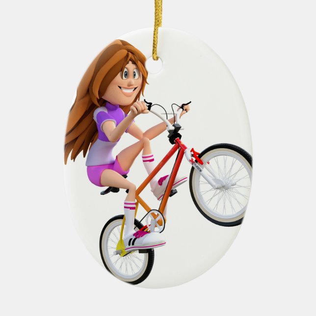 Cartoon Girl on Bike Doing A Wheelie Ceramic Tree Decoration (Front)
