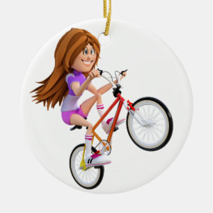 Cartoon Girl on Bike Doing A Wheelie Ceramic Tree Decoration