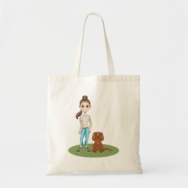 Cartoon Girl & Ruby Cavalier King Charles Spaniel Tote Bag (Front)