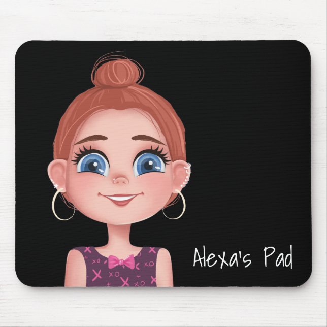 Cartoon Girl with Big Eyes on Black Mouse Pad (Front)