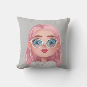 Cartoon Girl with Pink Hair Cushion