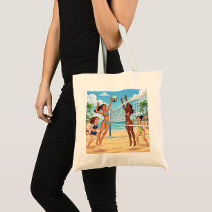 Cartoon Girls Playing Beach Volleyball Tote Bag
