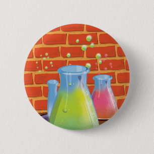 Cartoon Glass Science equipment on a bench 6 Cm Round Badge