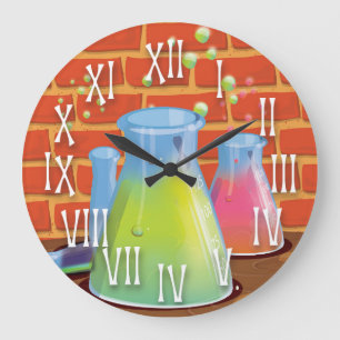 Cartoon Glass Science equipment on a bench Large Clock