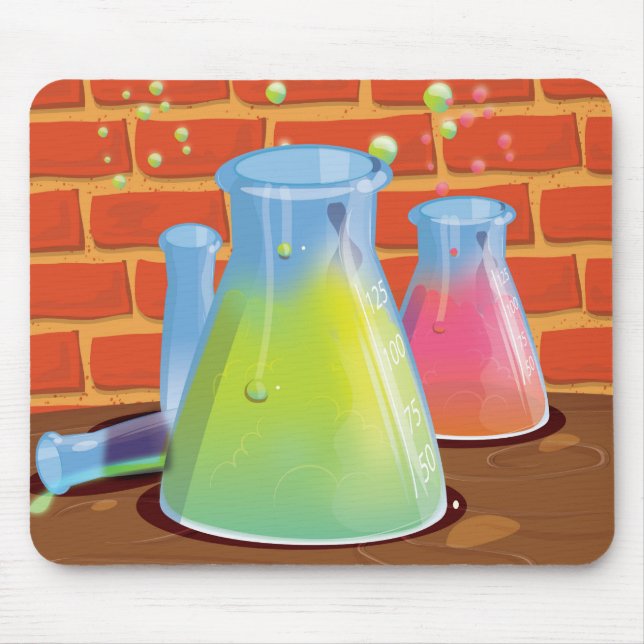 Cartoon Glass Science equipment on a bench Mouse Pad (Front)