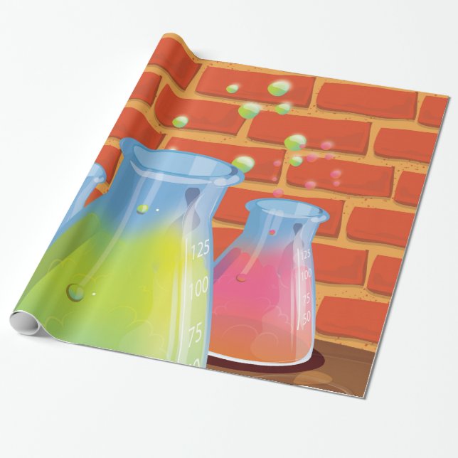 Cartoon Glass Science equipment on a bench Wrapping Paper (Unrolled)