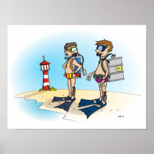 Cartoon; go on diving vacation. poster