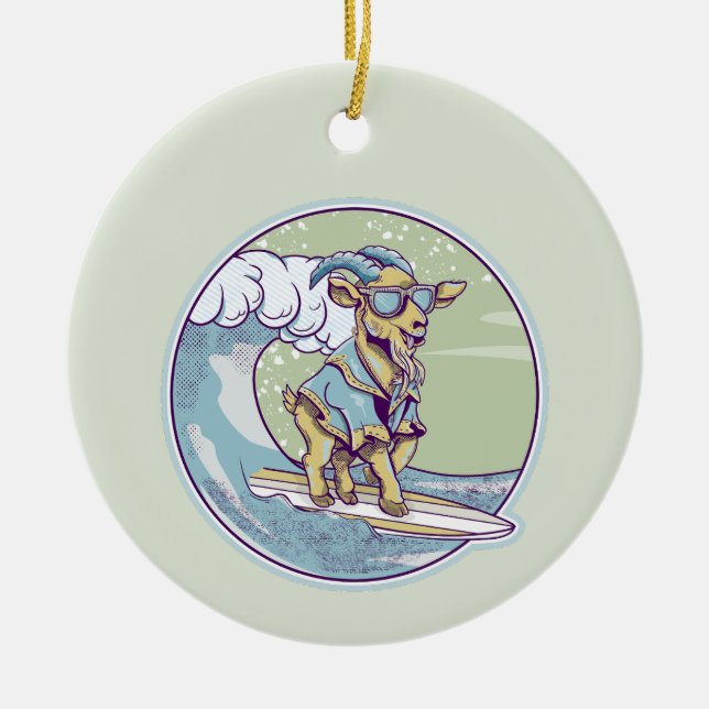 Cartoon goat on a surfboard ceramic ornament (Front)